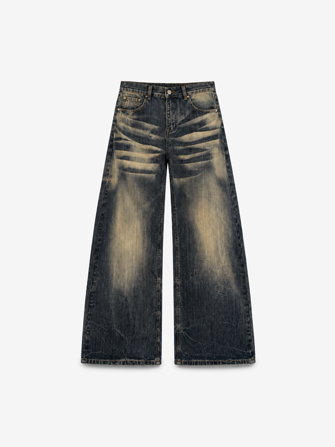 Dusk Wash Barrel Jeans in Shadow Indigo. Front view, showing heavy fading and curved wide legs.