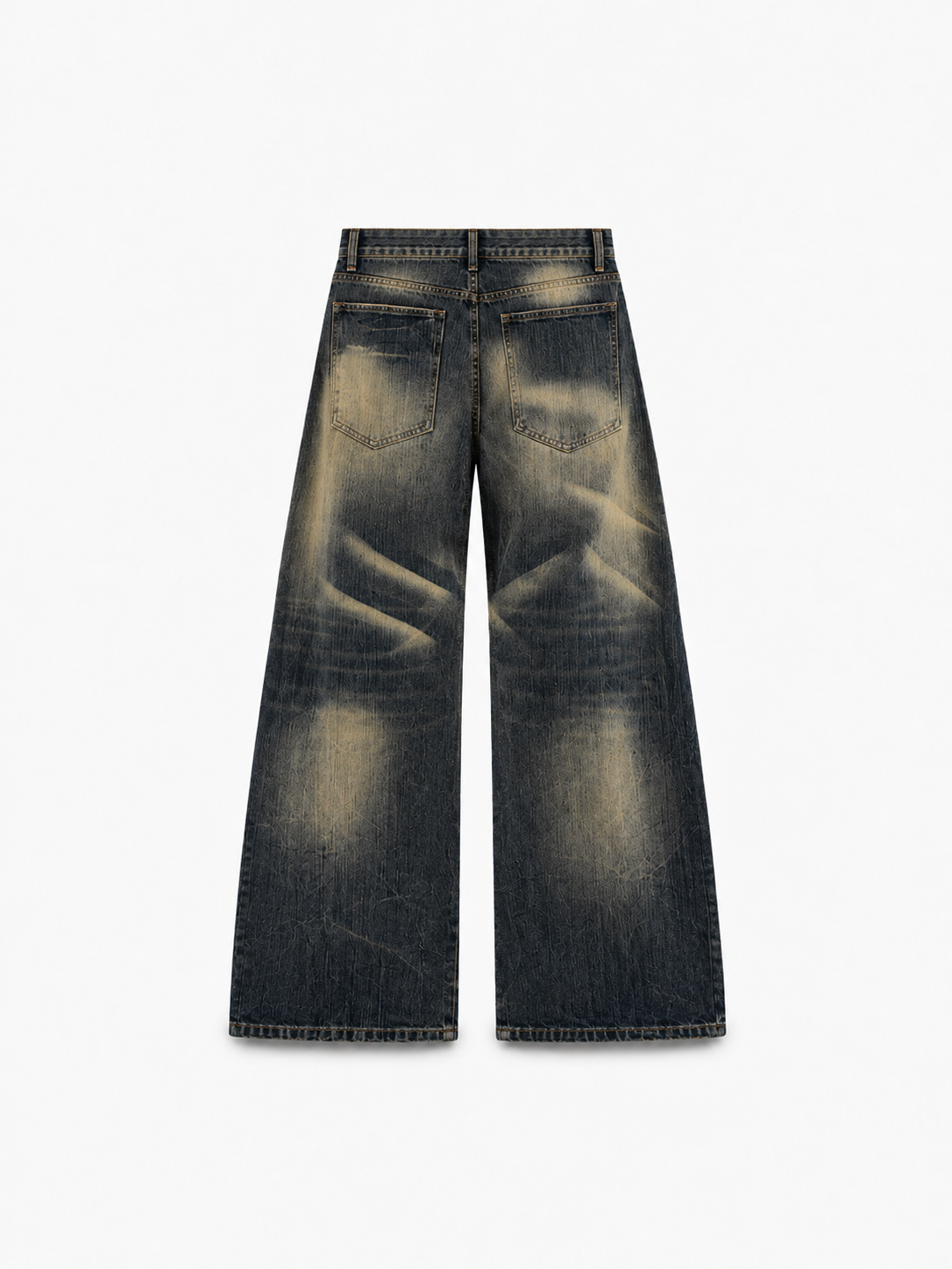 Dusk Wash Barrel Jeans in Shadow Indigo. Back view, showing rear pockets and faded whiskering.