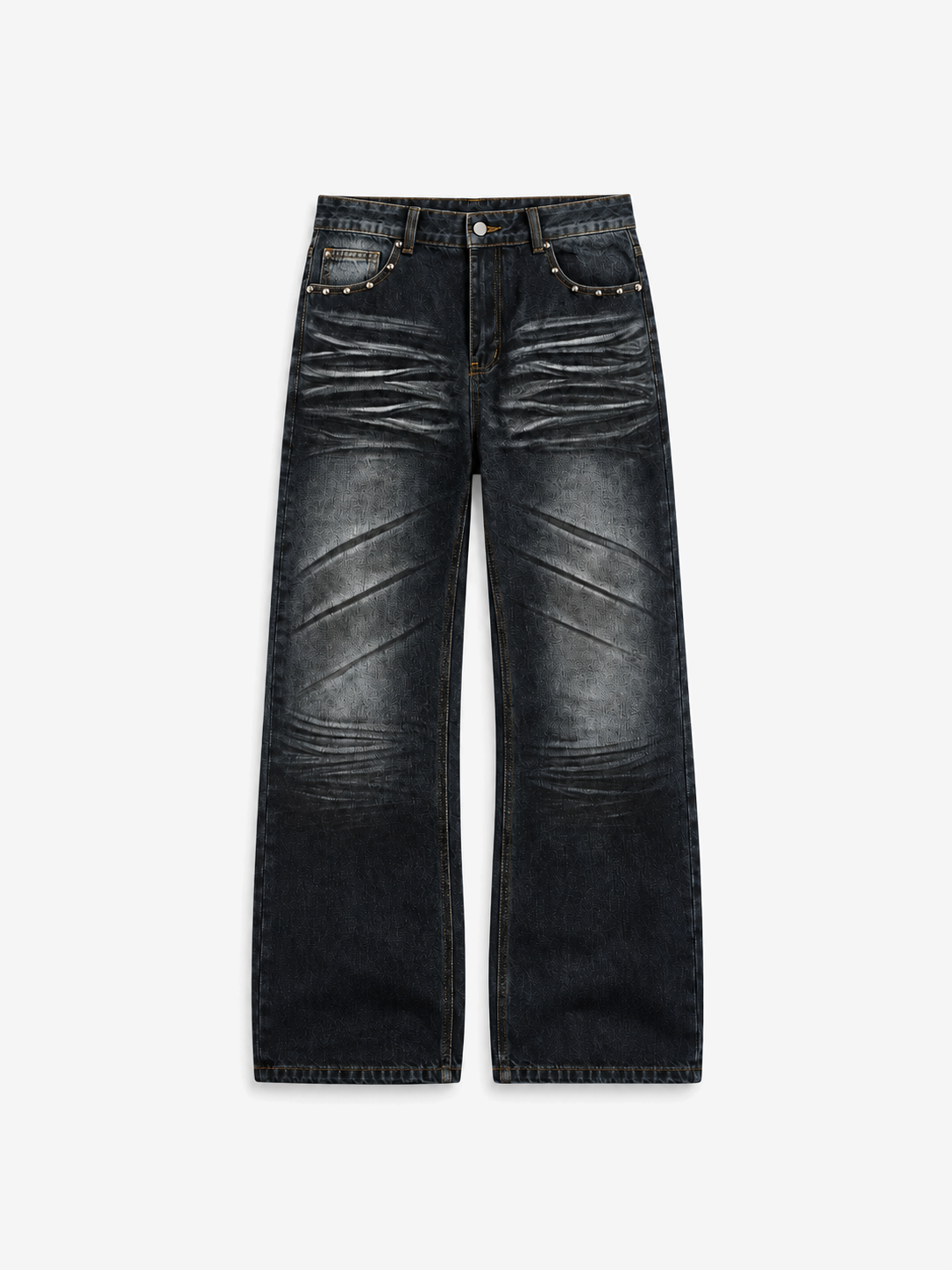 Claw Wash Baggy Jeans in Ash Black. Front view, showing directional whiskering and wide legs.