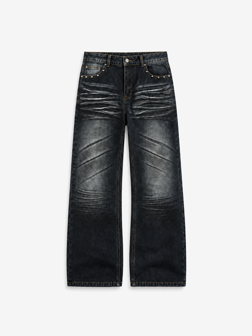 Claw Wash Baggy Jeans in Ash Black. Front view, showing directional whiskering and wide legs.
