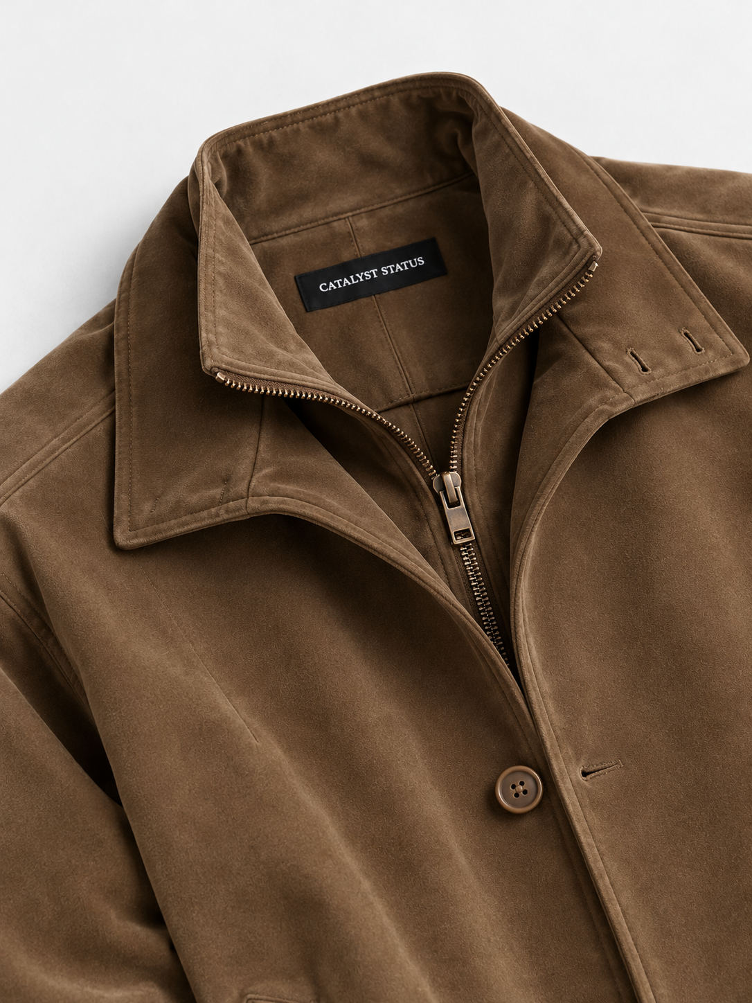Archive Blouson Jacket in Tobacco Brown. Angled close-up of the open double collar, zipper, stitching and fabric texture.