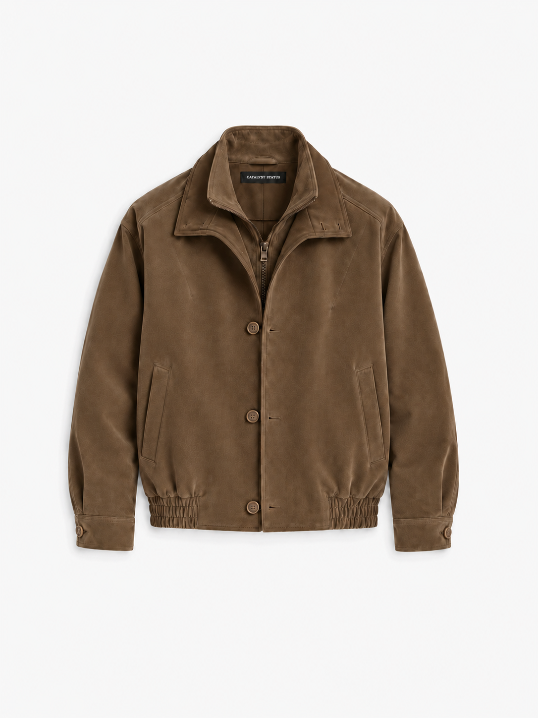 Archive Blouson Jacket in Tobacco Brown. Front view, showing the layered collar, zipper and button closure.