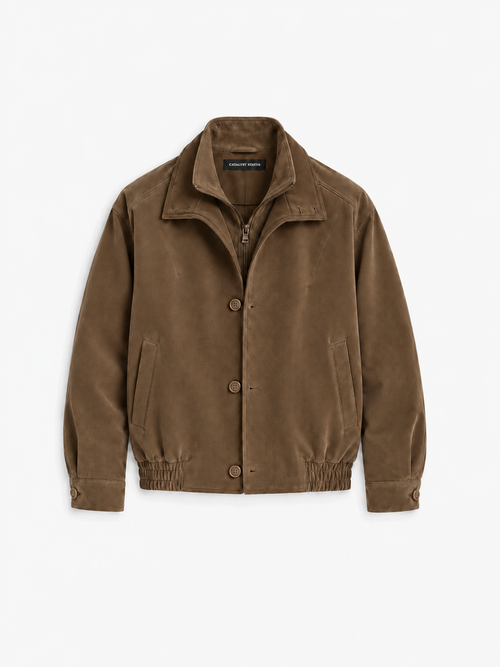 Archive Blouson Jacket in Tobacco Brown. Front view, showing the layered collar, zipper and button closure.