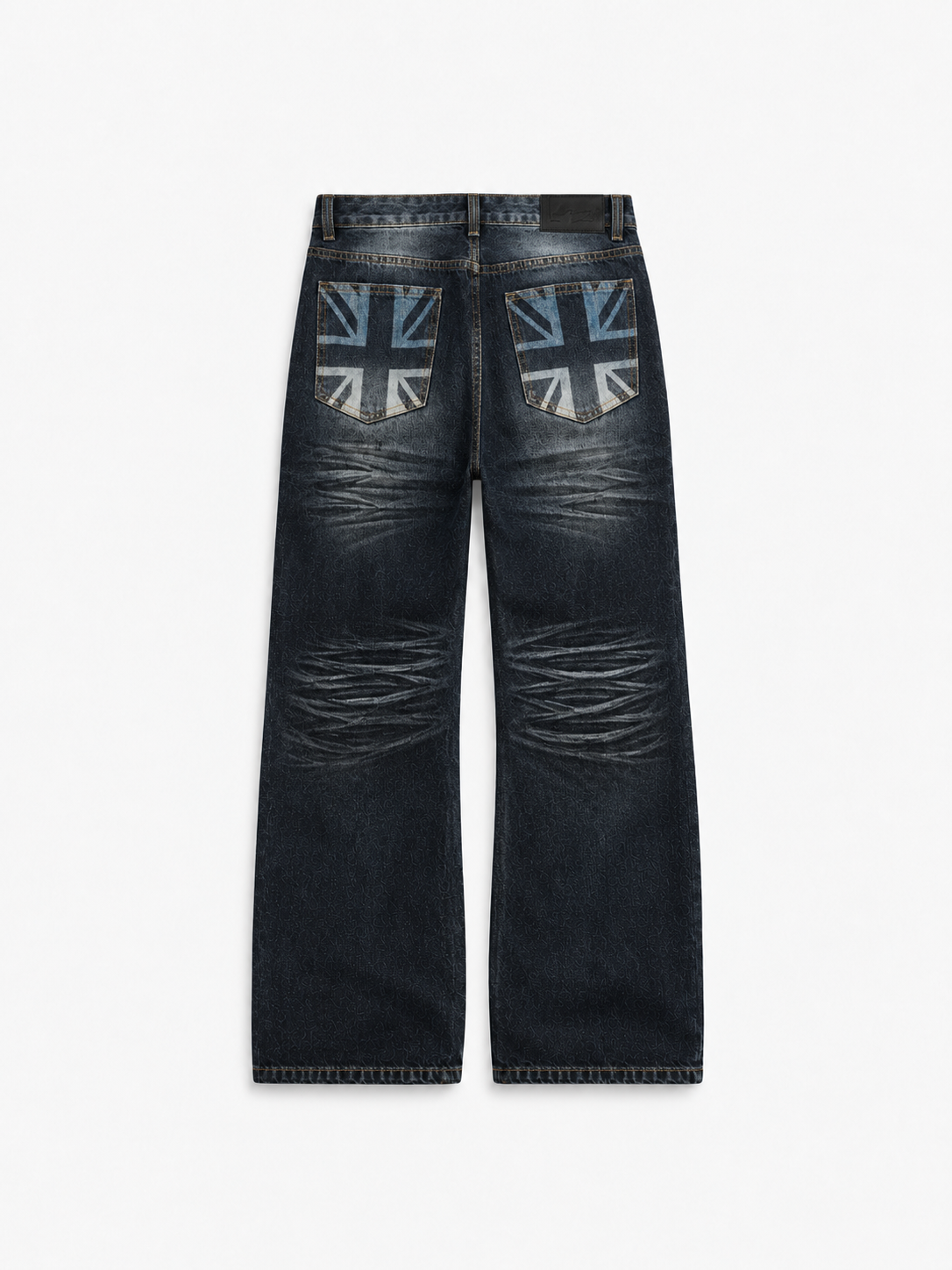 Claw Wash Baggy Jeans in Ash Black. Back view, showing Union Jack motifs on the rear pockets.