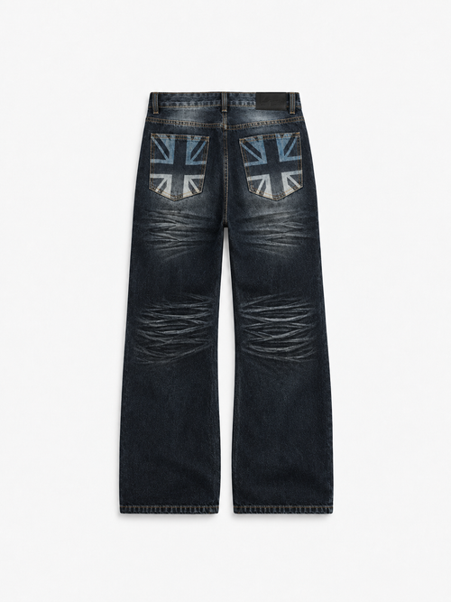 Claw Wash Baggy Jeans in Ash Black. Back view, showing Union Jack motifs on the rear pockets.
