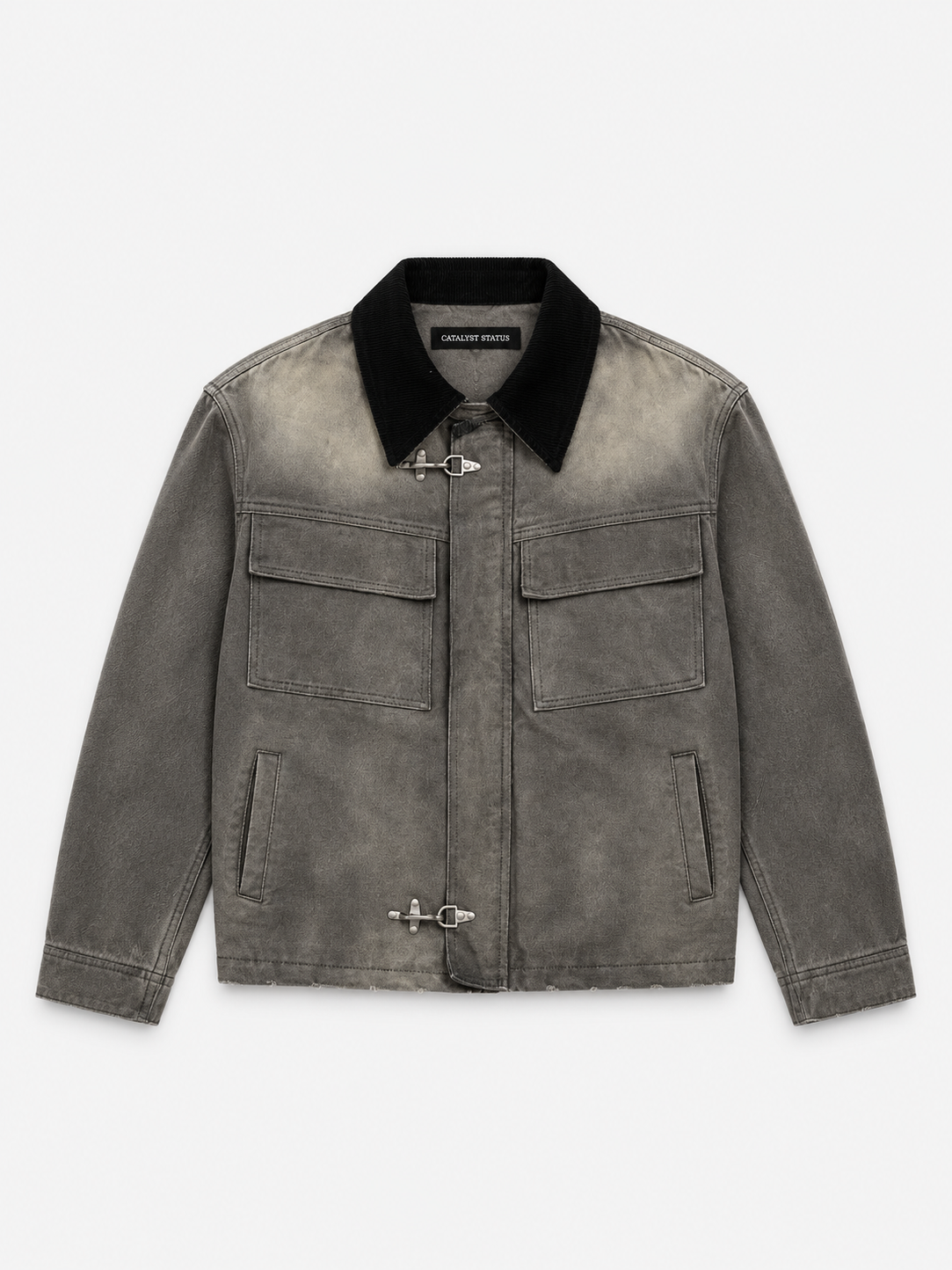 Foundry Clasp Denim Jacket in Fieldstone. Front view, showing the dark collar and fireman clasps.