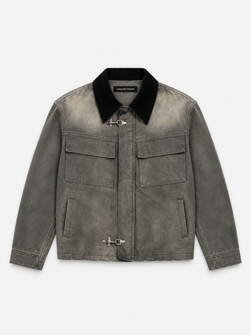 Foundry Clasp Denim Jacket in Fieldstone. Front view, showing the dark collar and fireman clasps.