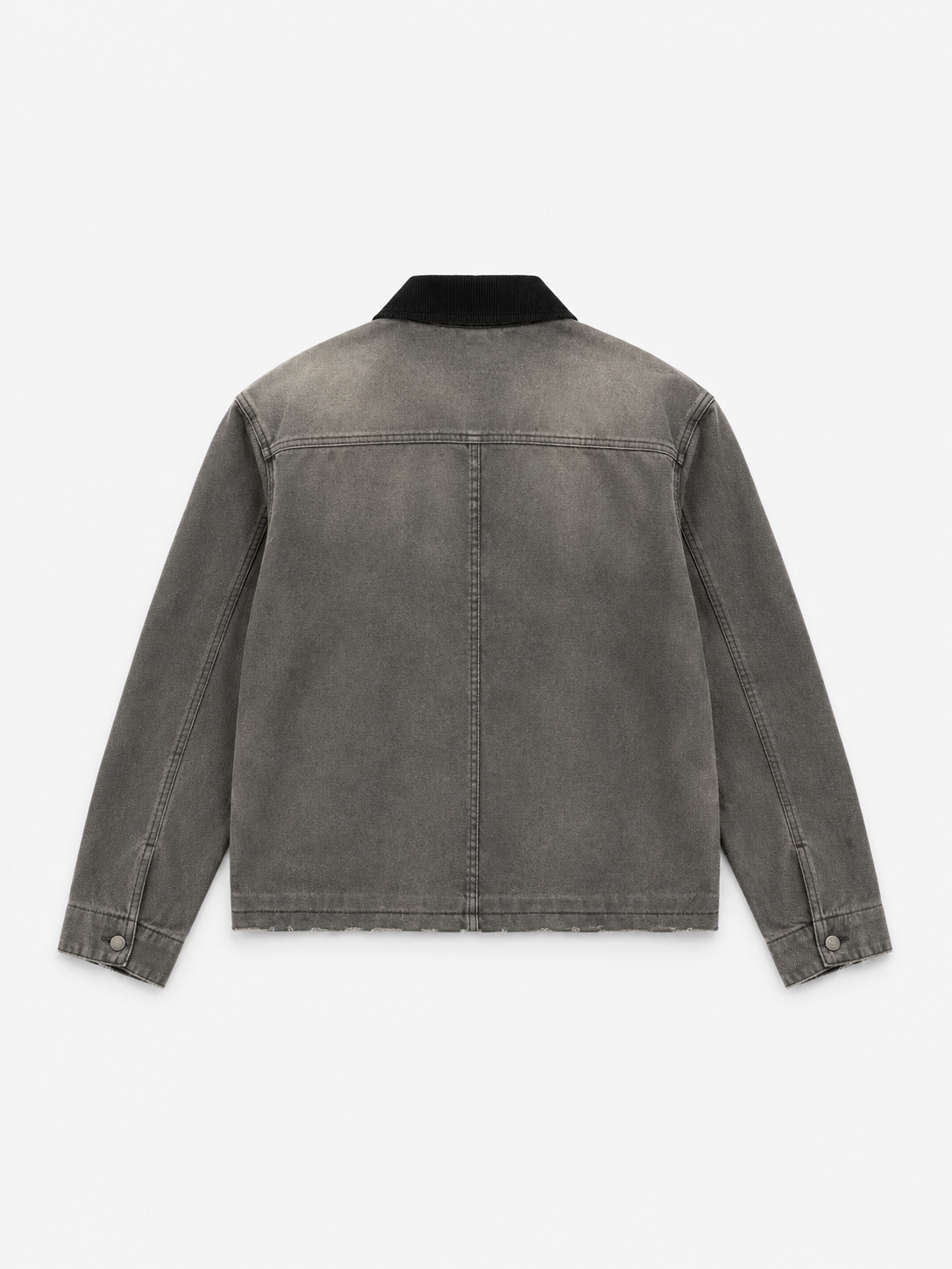 Foundry Clasp Denim Jacket in Fieldstone. Back view, showing the faded gradient wash and straight hem.