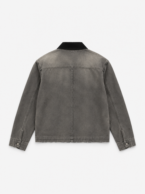 Foundry Clasp Denim Jacket in Fieldstone. Back view, showing the faded gradient wash and straight hem.