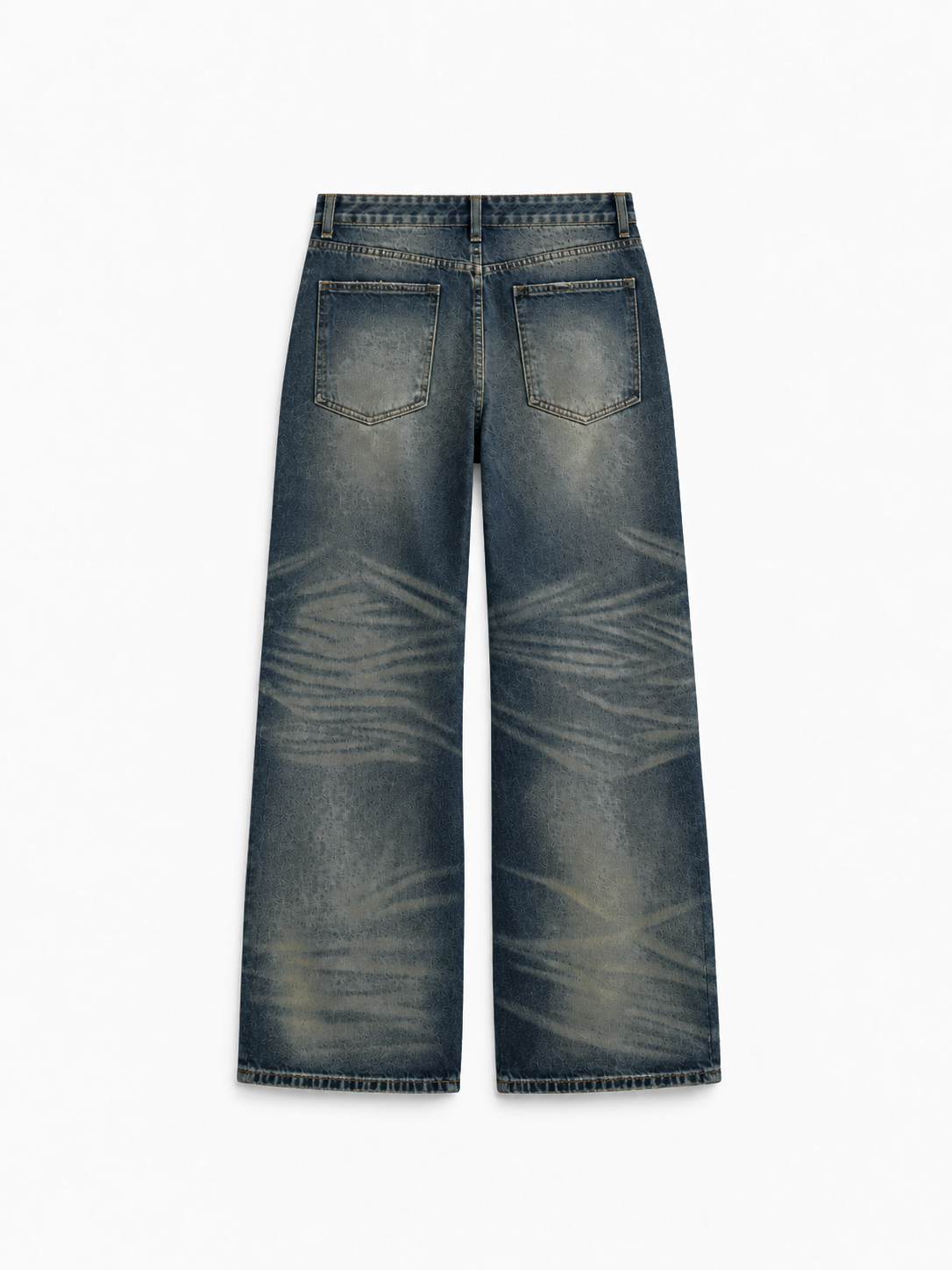 Button Fly Baggy Jeans in Iron Indigo. Back view, showing rear pockets and whiskered denim.