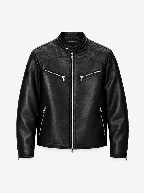 Aegis Leather Jacket in Gloss Onyx. Front view, showing a gloss finish and angled chest zips.