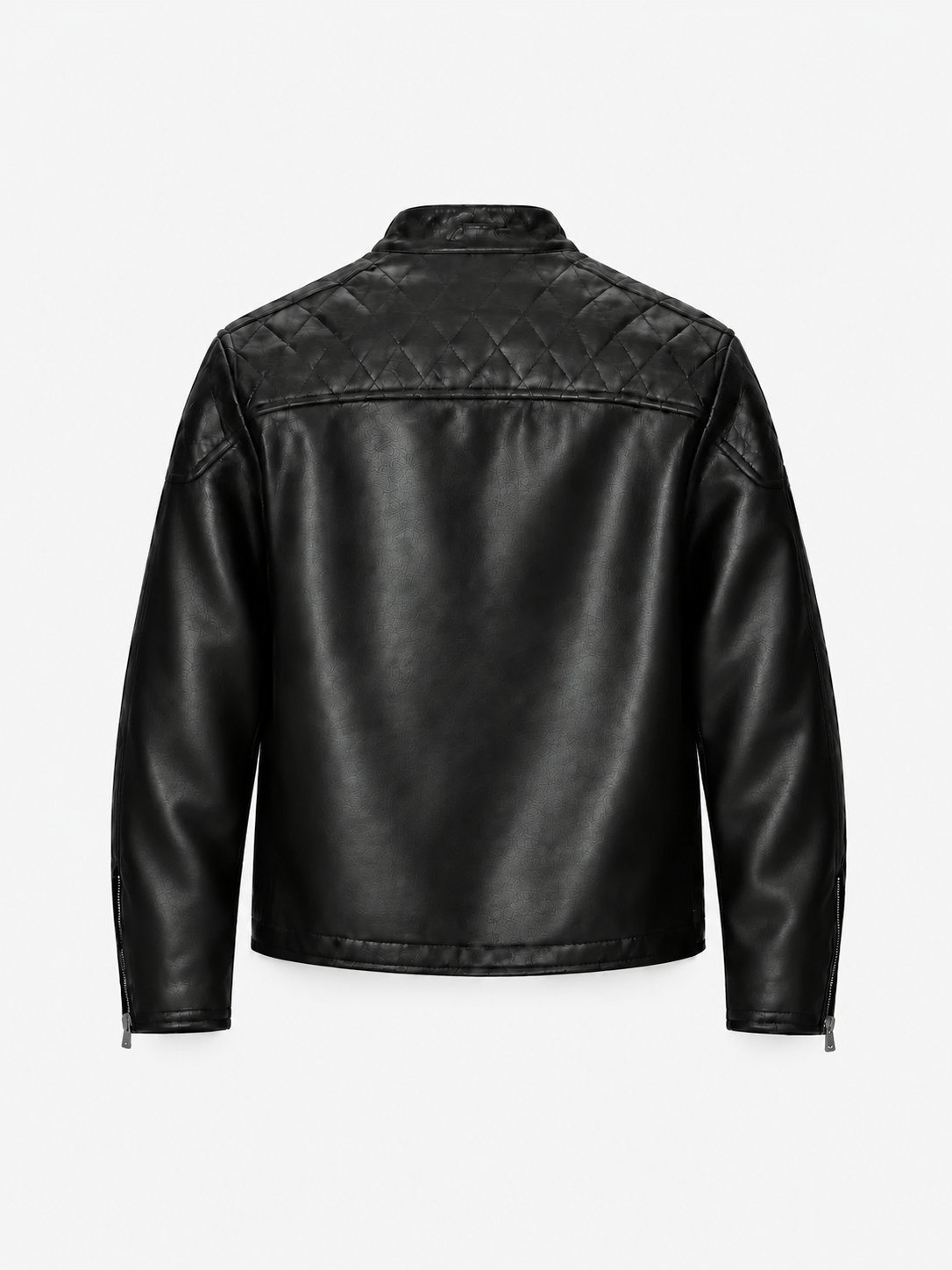 Aegis Leather Jacket in Gloss Onyx. Back view, showing the shoulder yoke and straight hem.