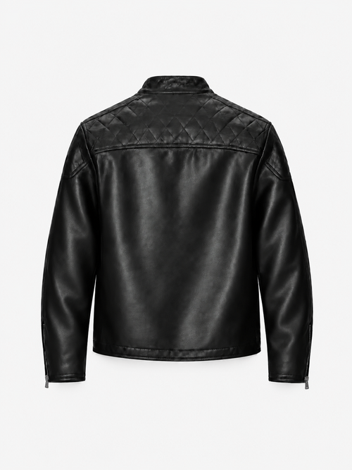 Aegis Leather Jacket in Gloss Onyx. Back view, showing the shoulder yoke and straight hem.