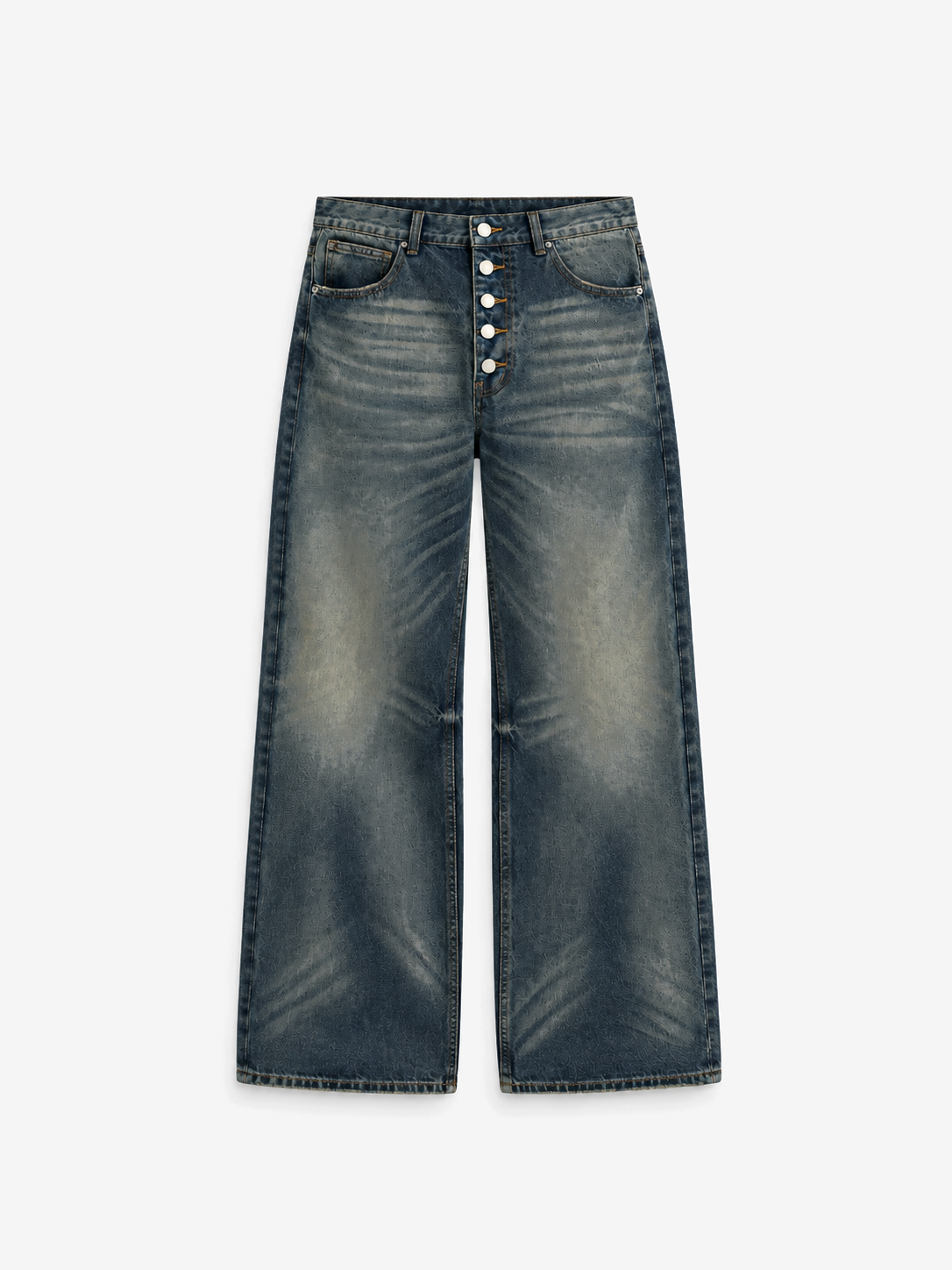Button Fly Baggy Jeans in Iron Indigo. Front view, showing the exposed button fly and wide legs.