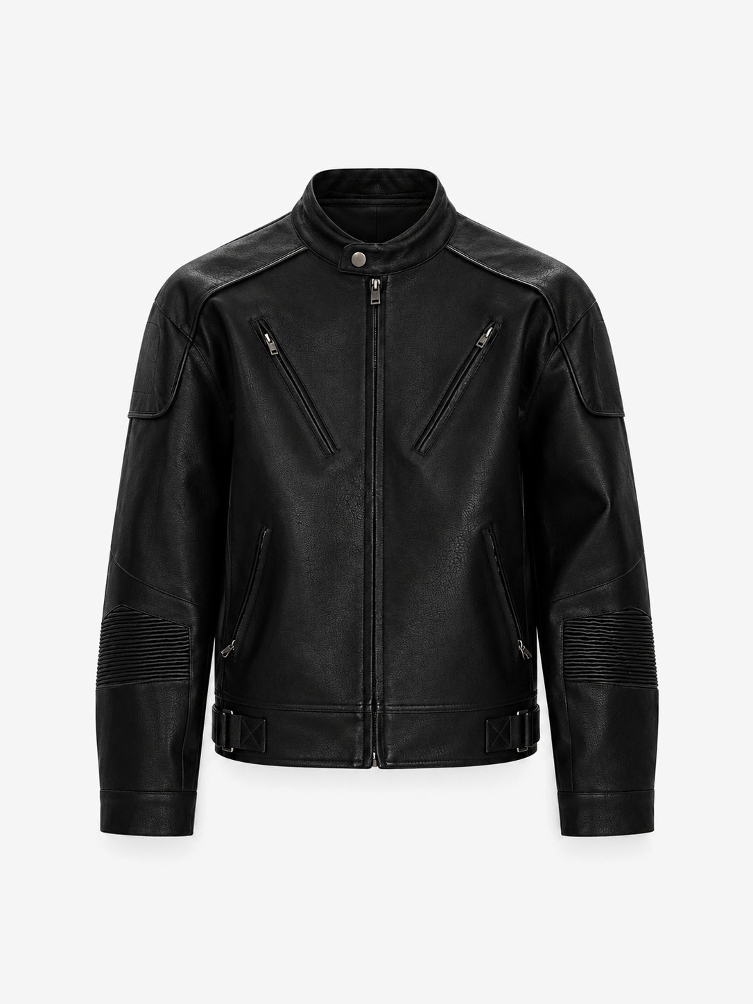 Rebel Moto Leather Jacket in Jet Black. Front view, showing a stand collar and angled zip pockets.