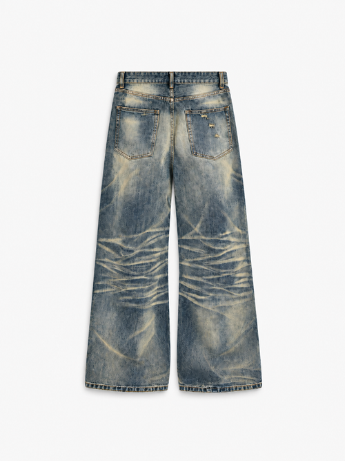 Heritage Wash Baggy Jeans in Olive Ash. Back view, showing rear pockets and faded whiskering.