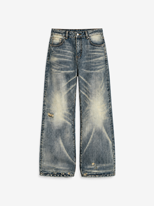 Heritage Wash Baggy Jeans in Olive Ash. Front view, showing a faded wash and wide legs.