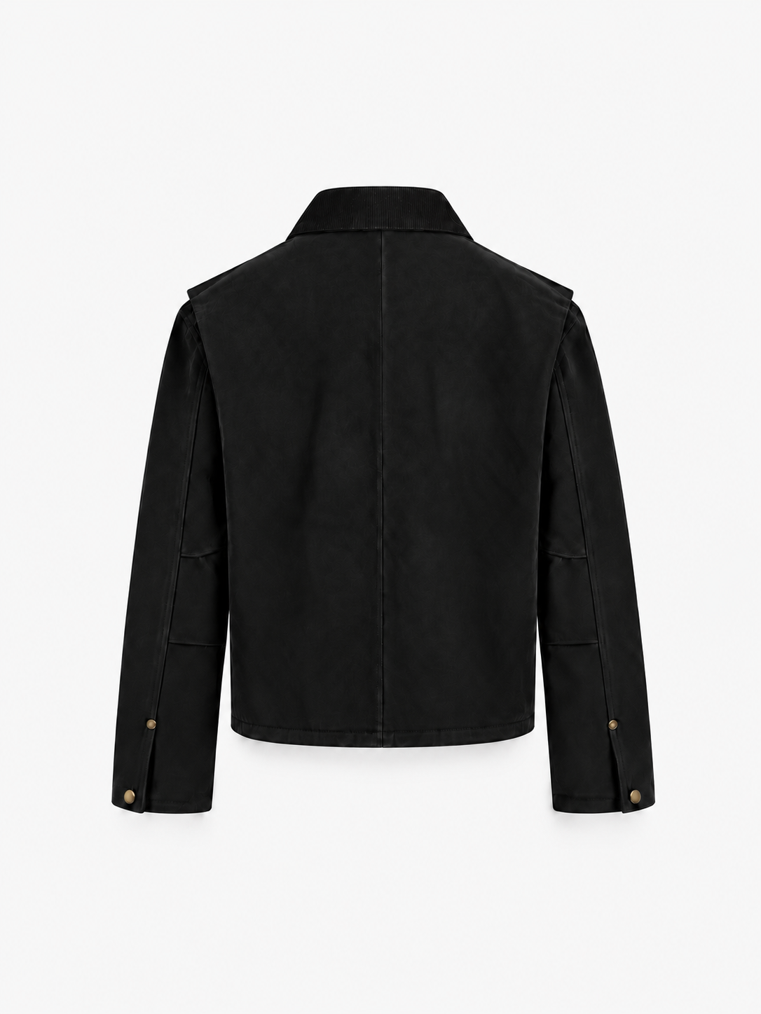 Legacy Trucker Jacket in Jet Black. Back view, showing the matte fabric, center seam and brass cuff snaps.