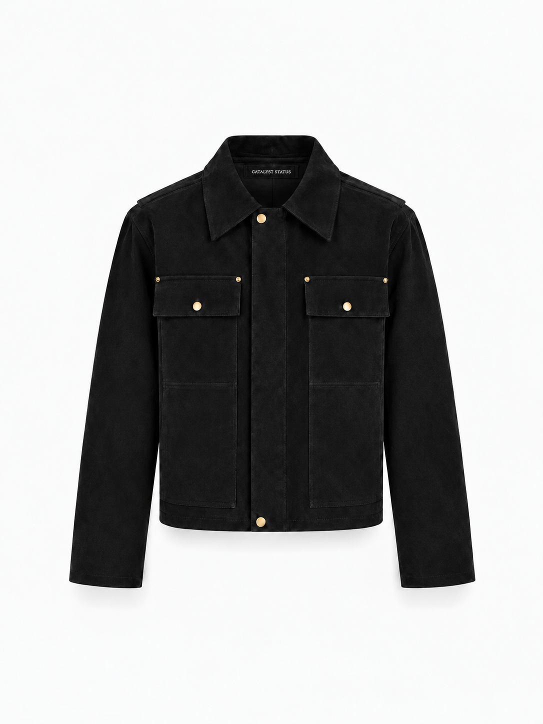 Legacy Trucker Jacket in Jet Black. Front view, showing the pointed collar and flap chest pockets.