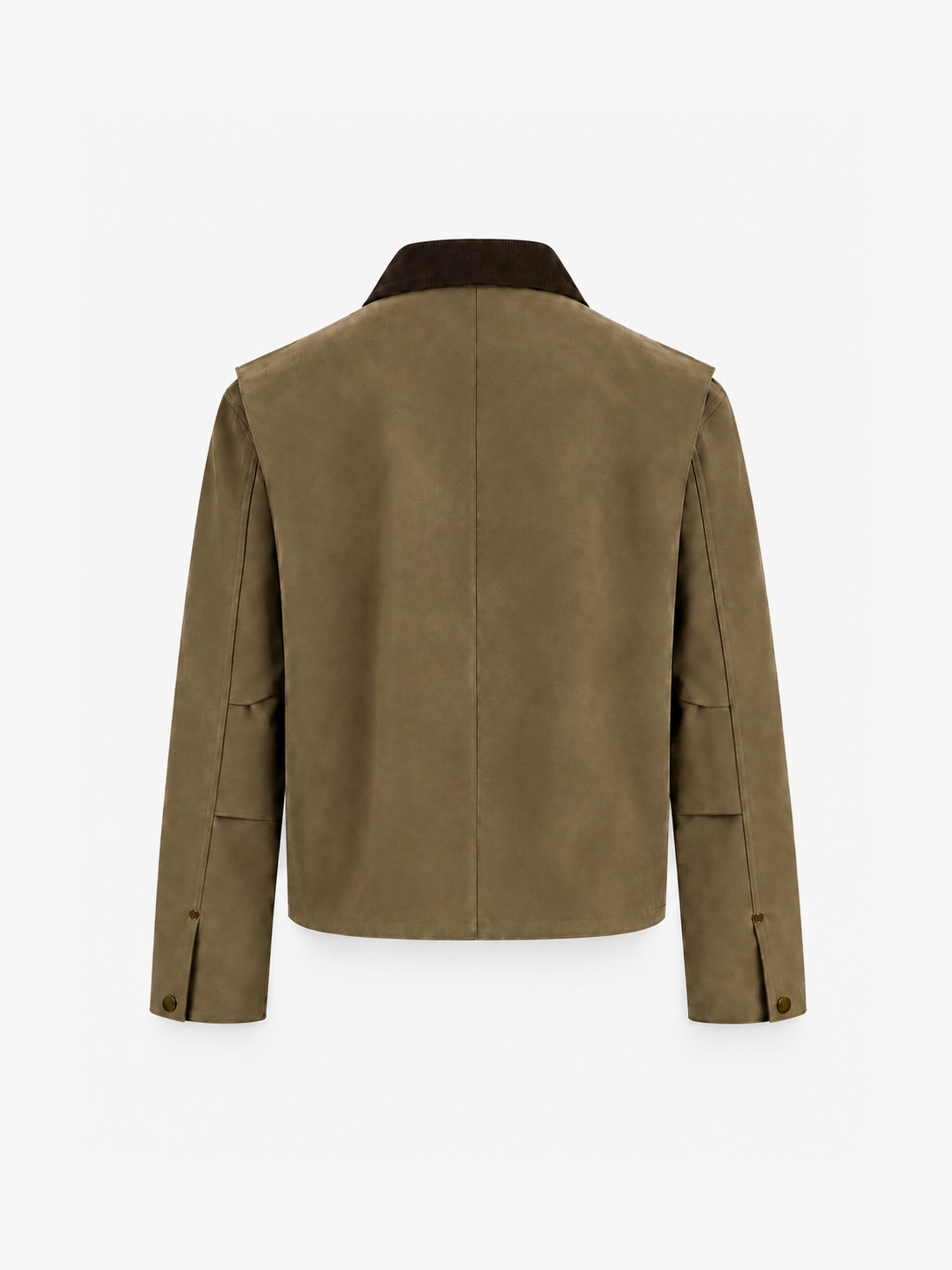 Legacy Trucker Jacket in Military Green. Back view, showing the dark collar, cropped hem and dropped shoulders.