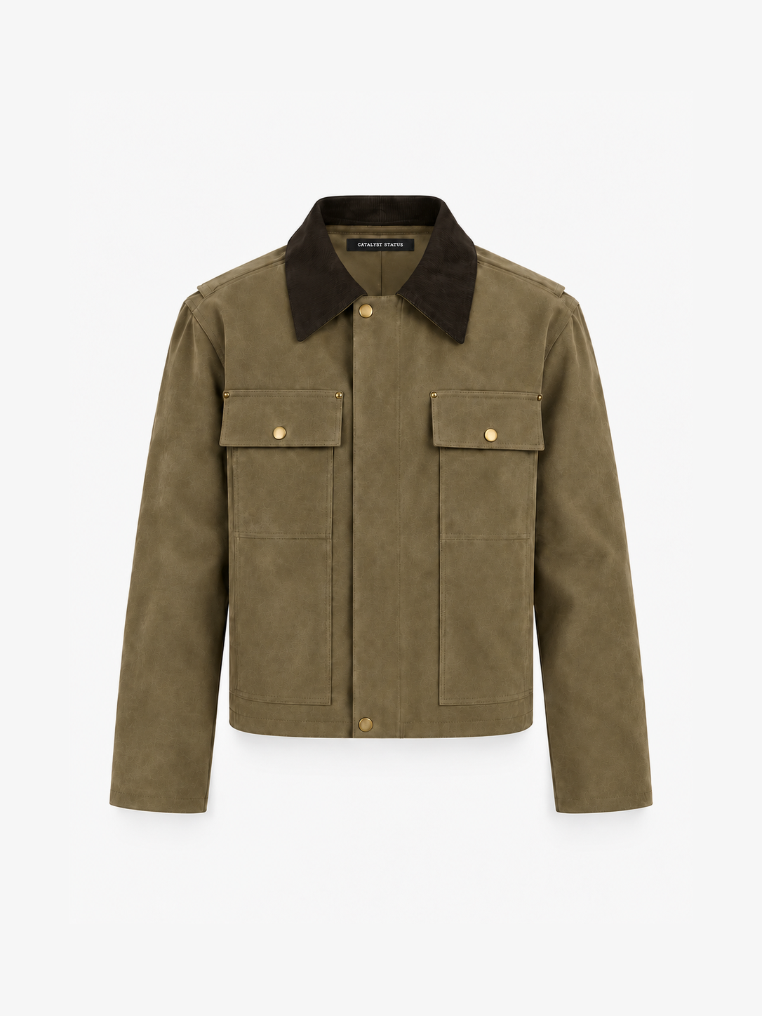 Legacy Trucker Jacket in Military Green. Front view, showing the dark collar and flap chest pockets.