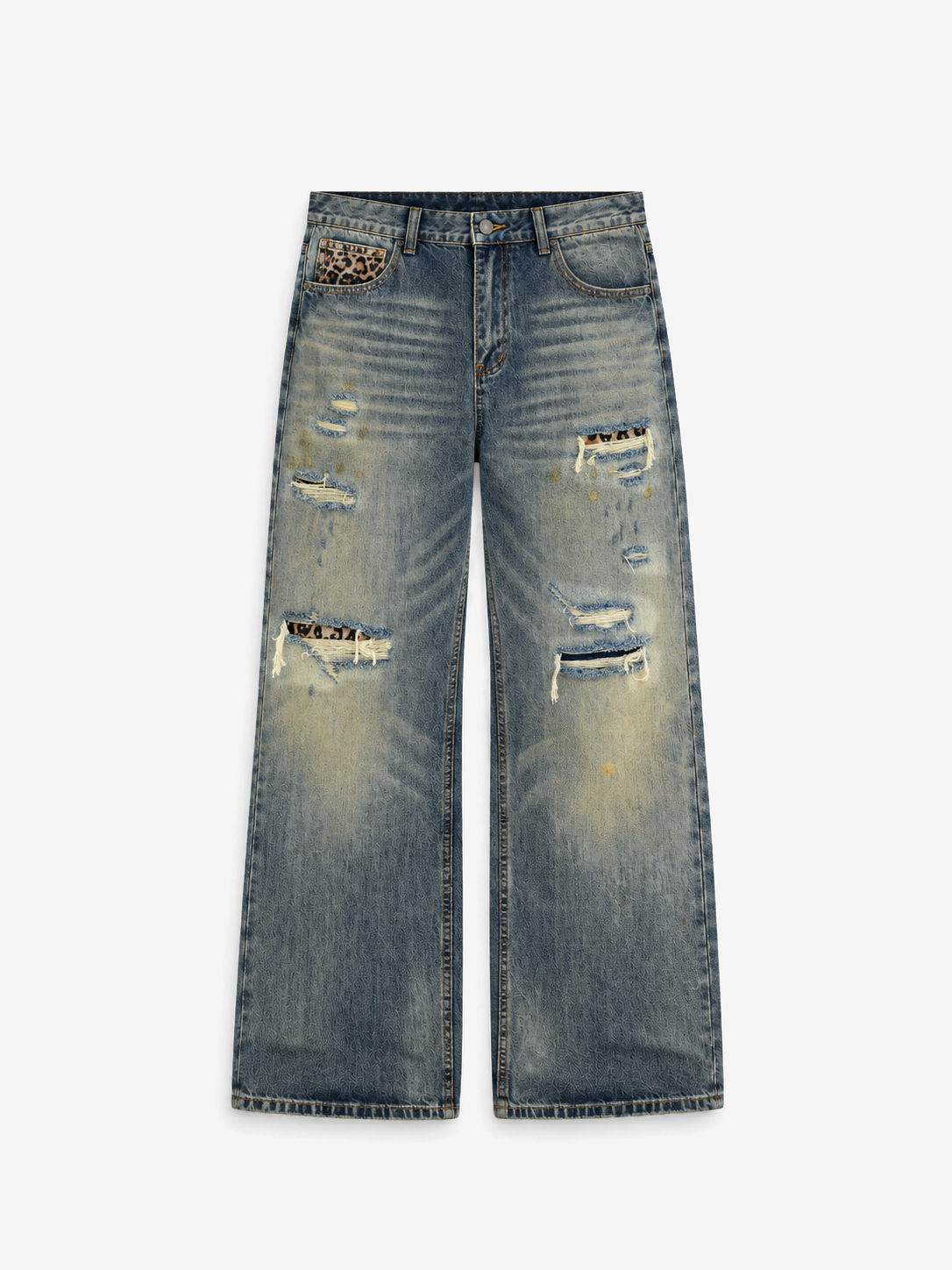 Distressed Baggy Jeans in Smoked Indigo. Front view, showing frayed rips and faded denim.