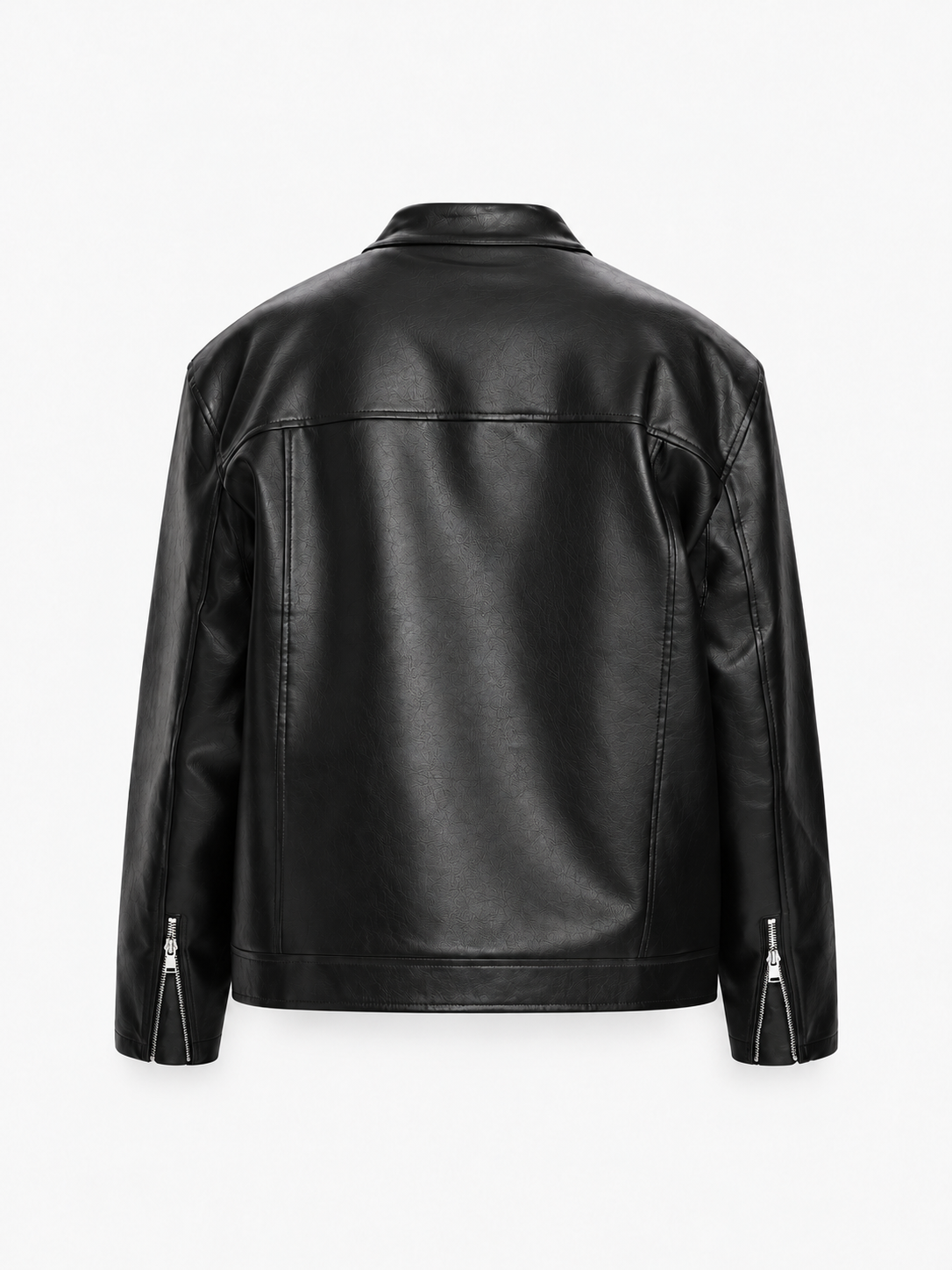 Racer Zipper Leather Jacket in Jet Black. Back view, showing the shoulder yoke and cuff zippers.