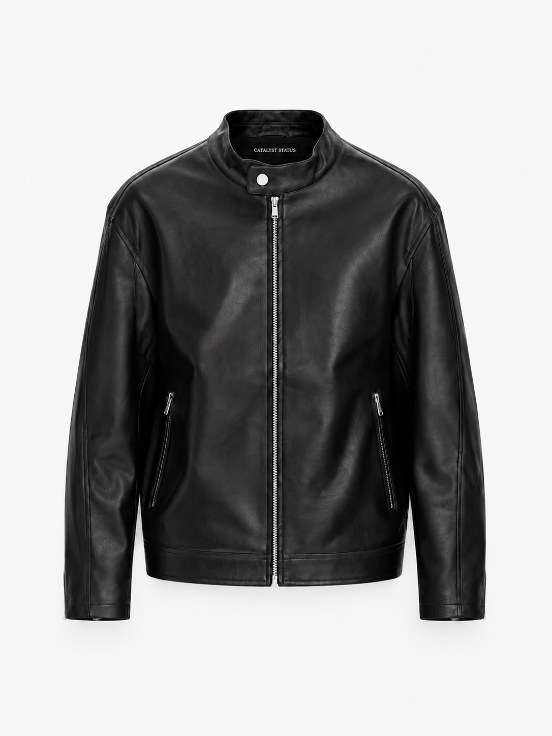 Racer Zipper Leather Jacket in Jet Black. Front view, showing the snap stand collar and central zipper.