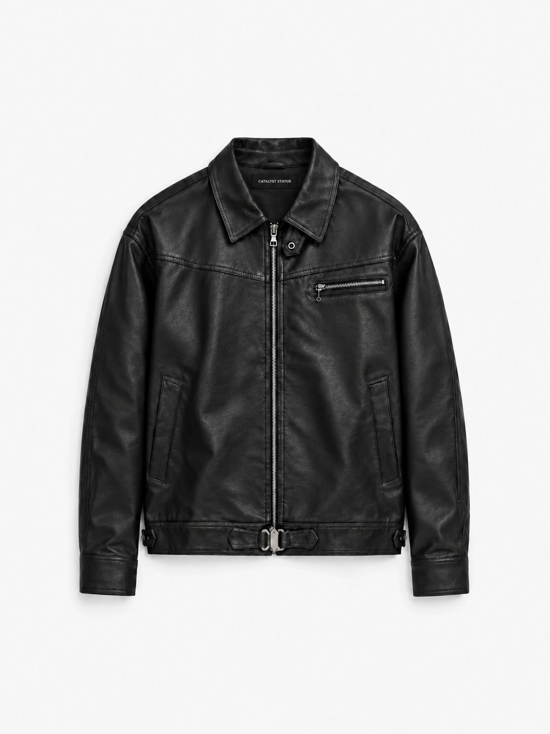 Strada Leather Jacket in Jet Black. Front view, showing the pointed collar and zipped chest pocket.