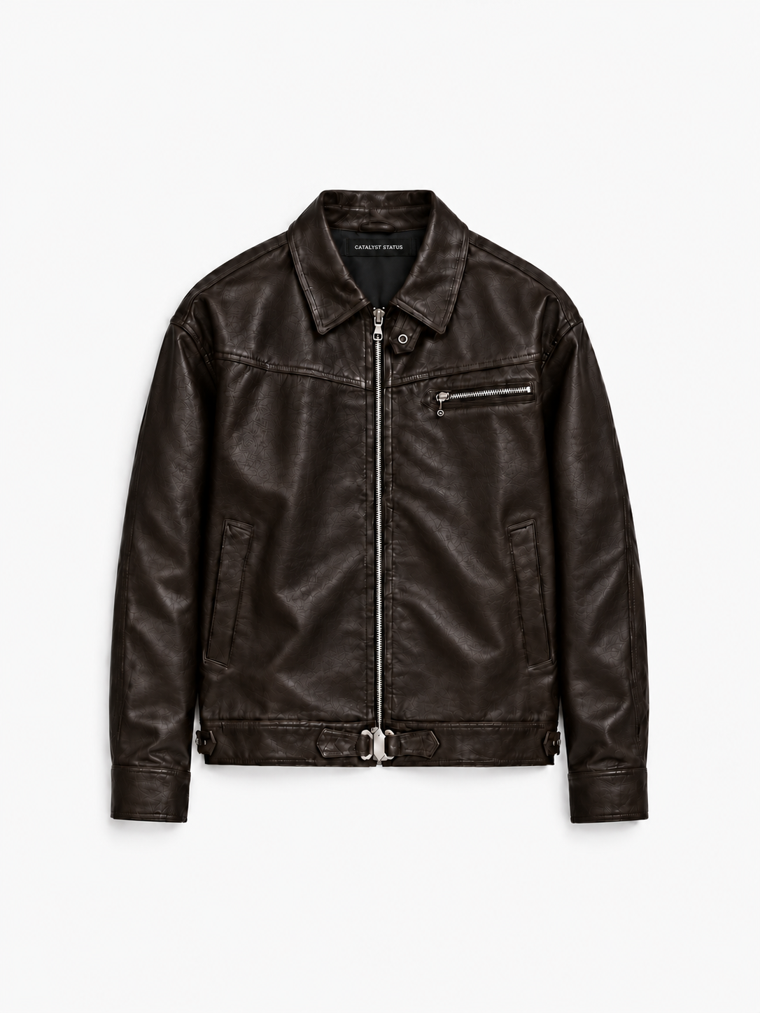 Strada Leather Jacket in Noir Brown. Front view, showing the pointed collar and zipped chest pocket.