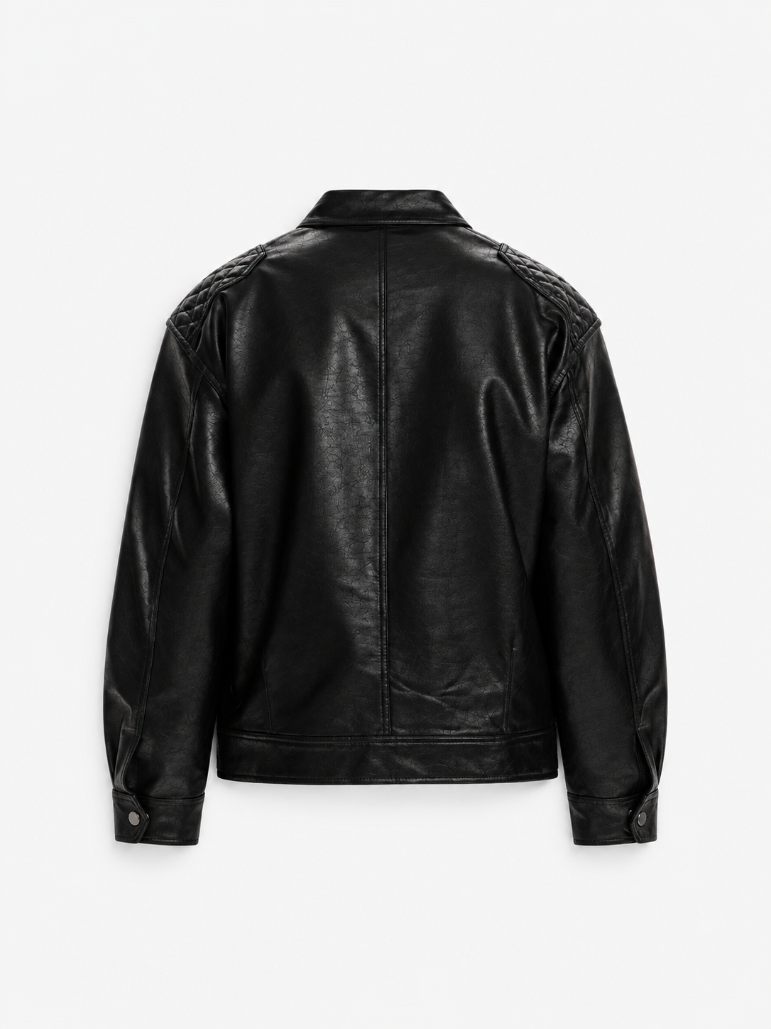 Monza Leather Jacket in Jet Black. Back view, showing the shoulder yoke and straight hem.