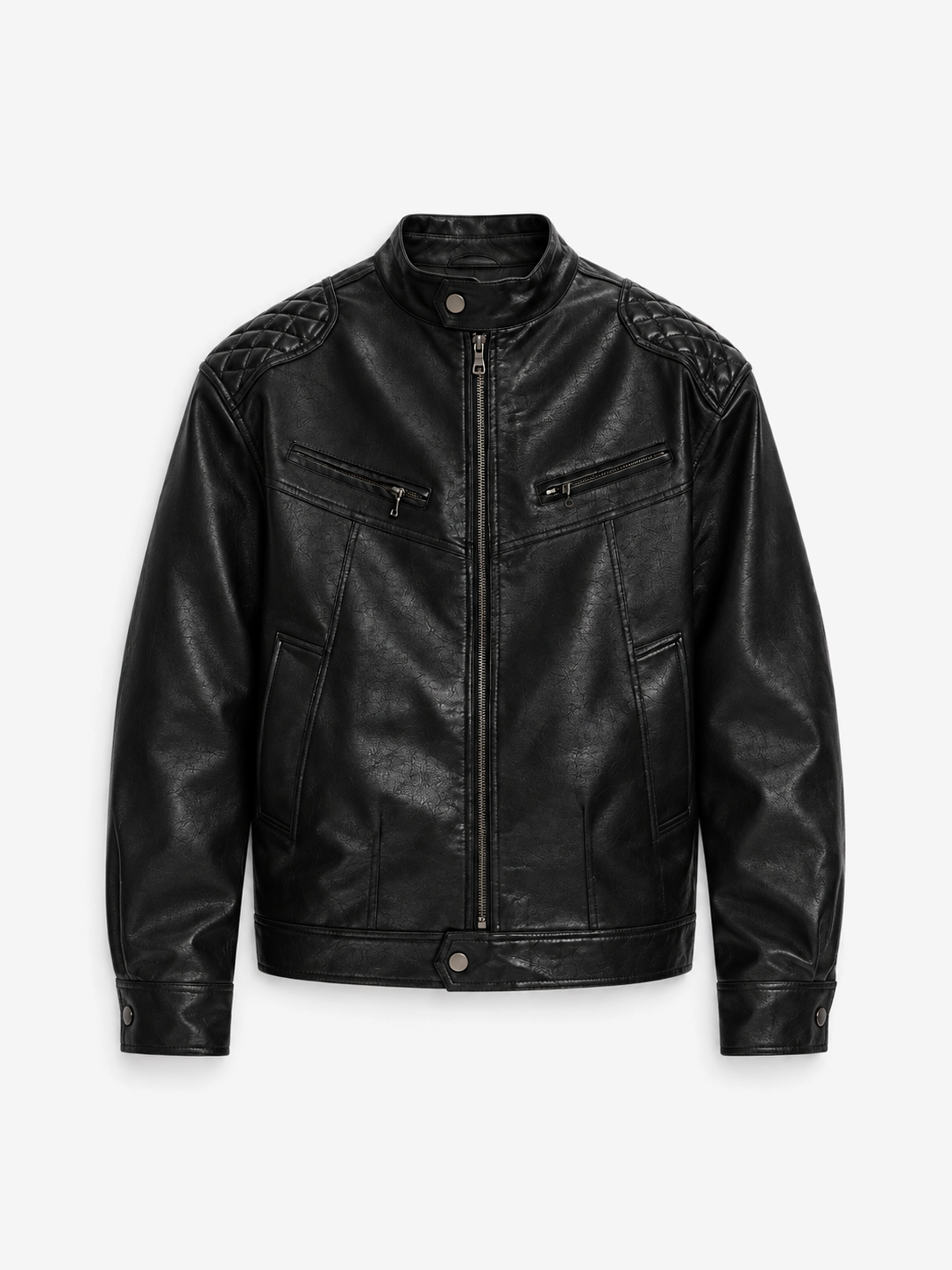 Monza Leather Jacket in Jet Black. Front view, showing quilted shoulders and zipped chest pockets.