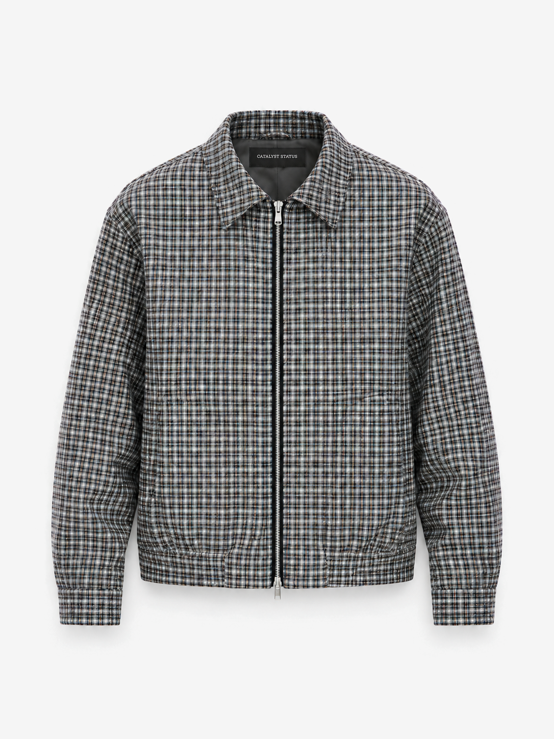 District Check Jacket in Graphite. Front view, showing the plaid pattern and zip closure.