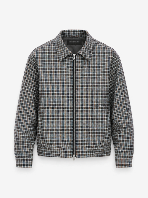 District Check Jacket in Graphite. Front view, showing the plaid pattern and zip closure.